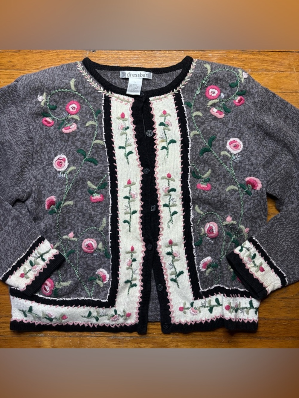 dressbarn Gray and Pink Floral Embroidered Cardigan